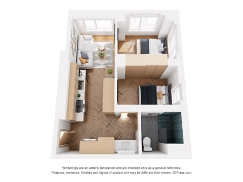 Floor plan for 1 bed, 1 bath, 372 sqft